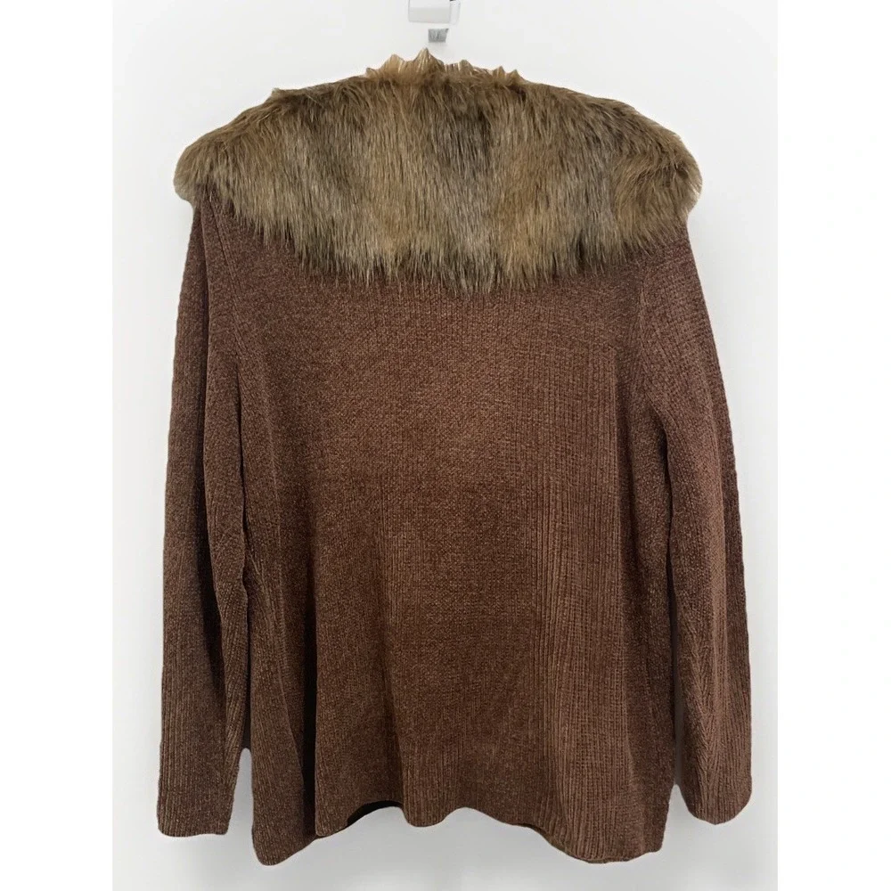 Lisa International Brown Long Sleeve Chenille Faux Fur Sweater‎ Cardigan Women L